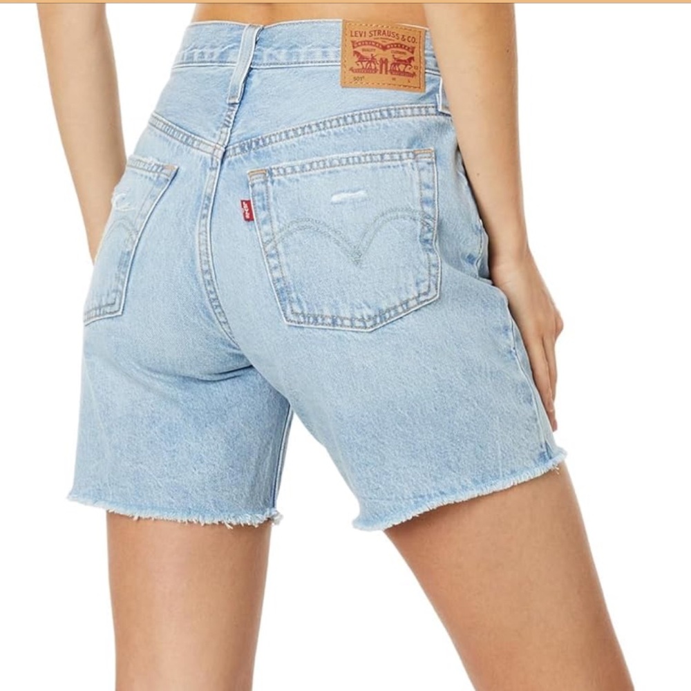 Levi's 501 Mid Thigh High Rise Jean Shorts Deconstructed Medium Indigo 24 - Picture 2 of 7